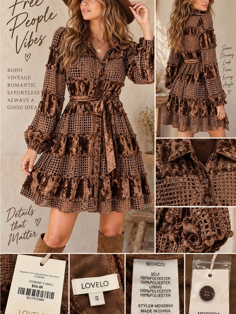 NWT LOVELO Brown Velvet Crochet Boho Shirt Dress S - Picture 12 of 12